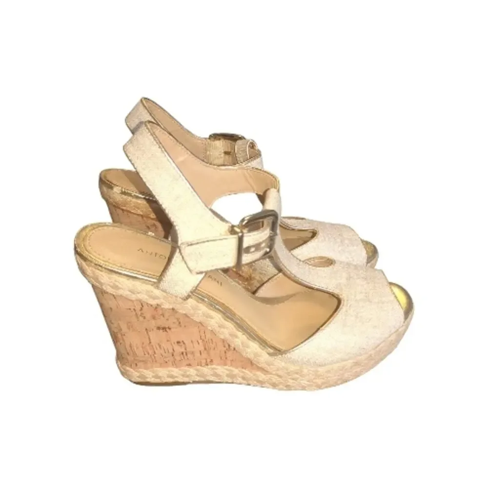 ANTONIO MELANI 9.5 Cream Gold Metallic Slingback Peep-Toe Ankle Strap Wedges